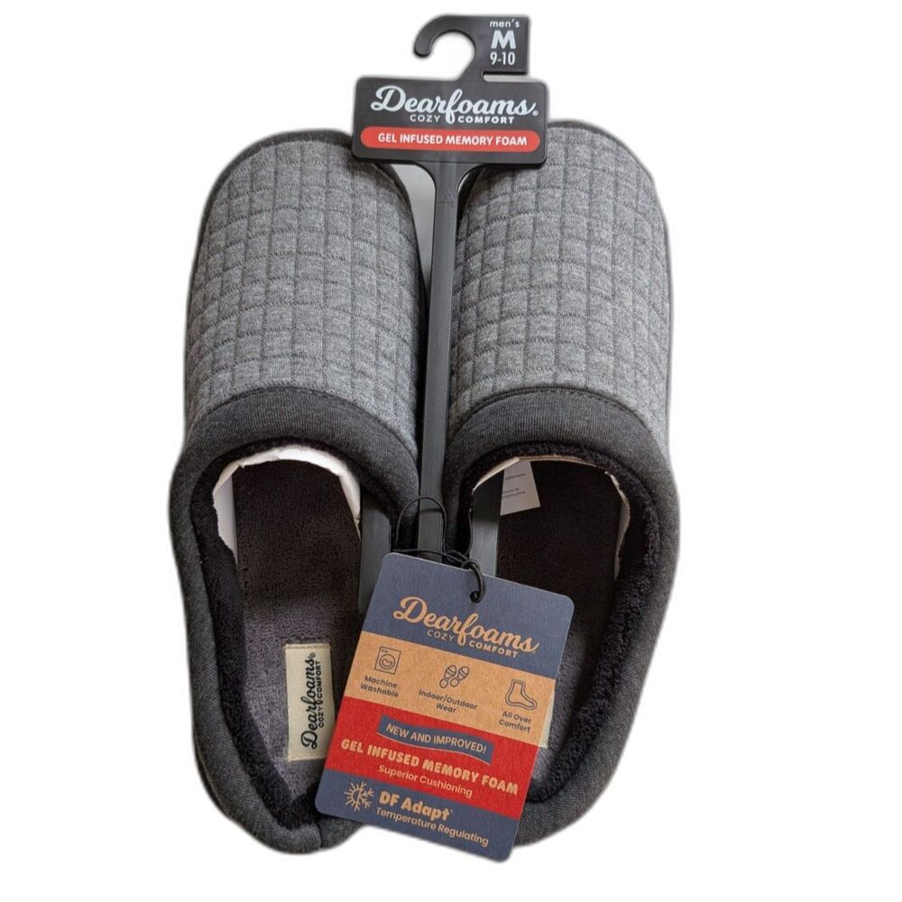 NWT Dearfoams Men's Size 9/10 (Medium) Grey slippers gel memory foam